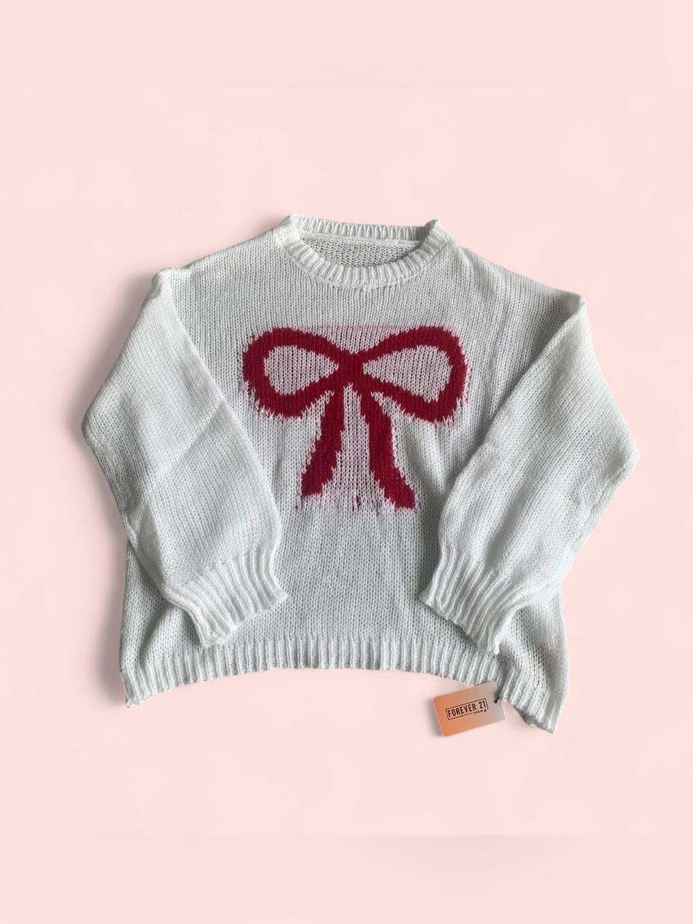 Forever 21 White Knit Oversized Sweater with Red Bow Pattern